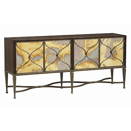 "Smoke and Mirrors" Sideboard with 4 Bronze Finished Metal Grilled Mirror Doors and Decorative Stretcher Base